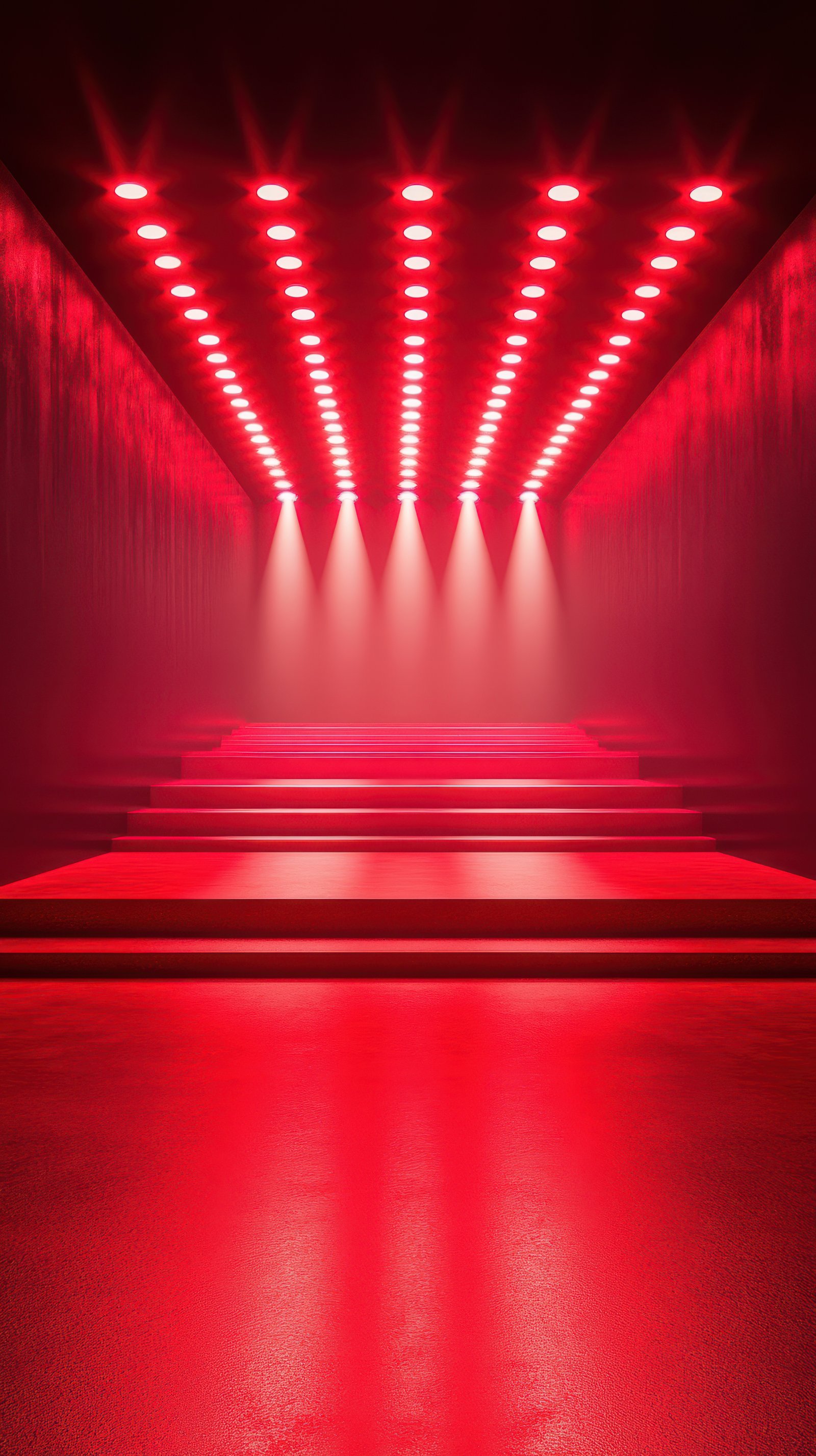 Dramatic red lighting in a modern venue creates an intense atmosphere for a special event or performance